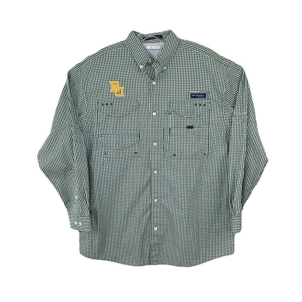 BAYLOR University Bears College Columbia Fishing‎ Bonehead Green Check Shirt MED